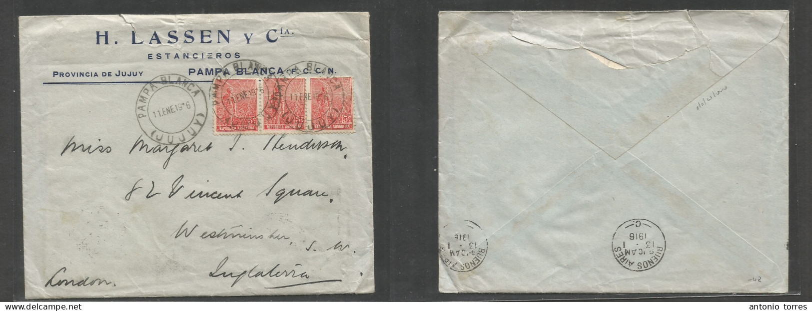 Argentina - Xx. 1916 (11 Enero) Pampa Blanca, Jujuy - England, London. Comercial Multifkd Envelope With Contains, Neat C - Otros & Sin Clasificación