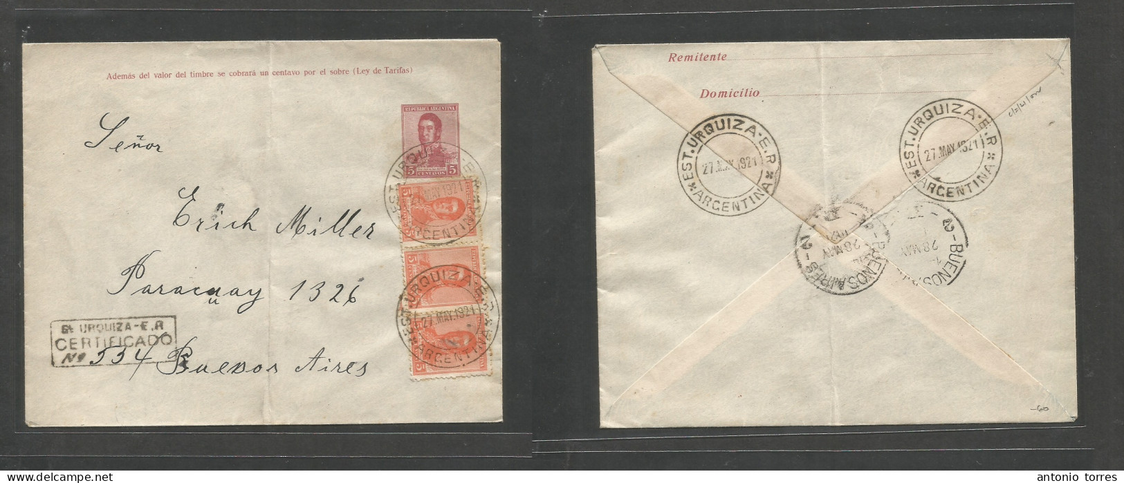 Argentina - Stationery. 1921 (27 May) Est Urquiza - Buenos Aires (28 May) Registered + 3 Adtls 5c Red Stat Env, Tied Cds - Other & Unclassified