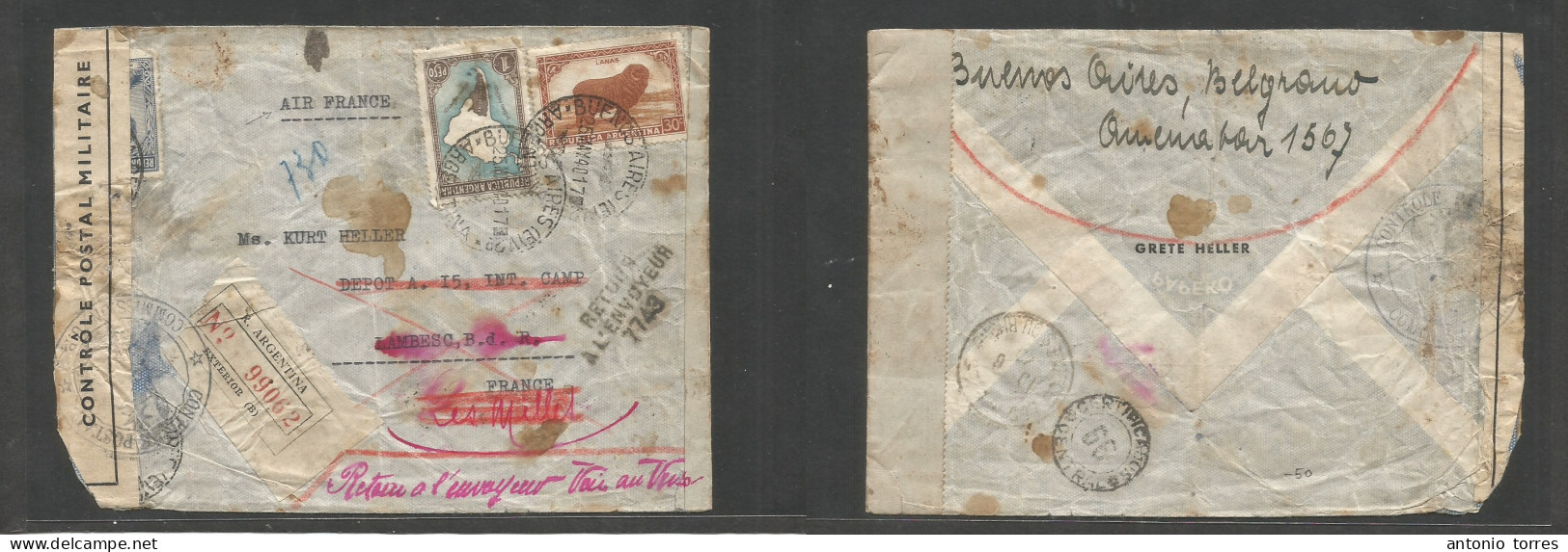 Argentina - Xx. 1940 (25 May) Buenos Aires - France, Lambesc (19 June) A Registered Air France, Multifkd WWII Censored E - Sonstige & Ohne Zuordnung