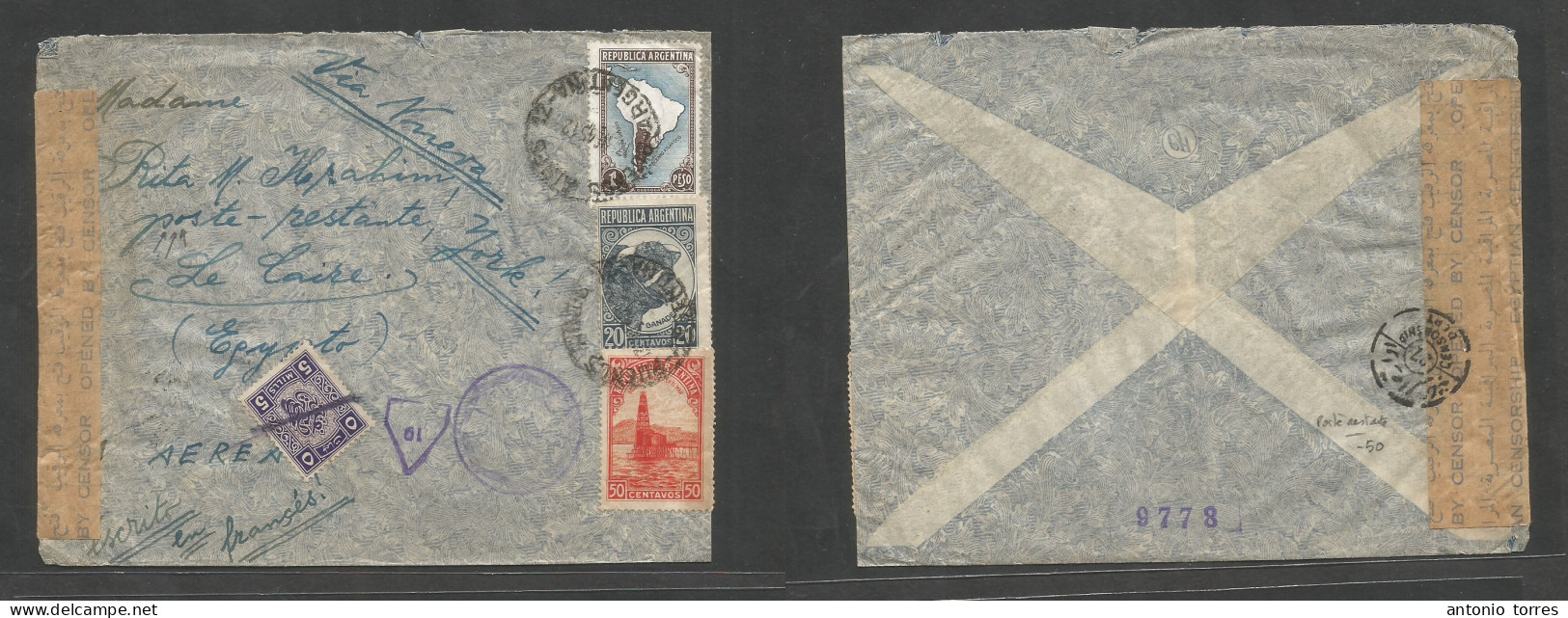 Argentina - Xx. 1945 (17 Jan) Buenos Aires - Egypt, Cairo. Air Censored Multifkd Env, Poste Restante, Arrival P. Due 5 M - Otros & Sin Clasificación