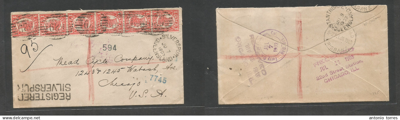 Australia. 1903 (Jan 7) QLD. Silverspur - USA, Chicago (11 July) Registered Multifkd Env At 6d Rate (1d Red X6 Vertical - Andere & Zonder Classificatie