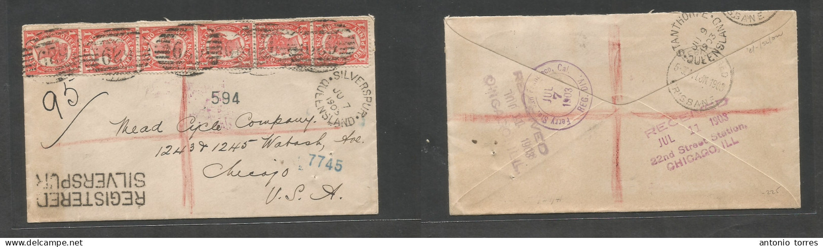 Australia. 1903 (Jan 7) QLD. Silverspur - USA, Chicago (11 July) Registered Multifkd Env At 6d Rate (1d Red X6 Vertical - Sonstige & Ohne Zuordnung