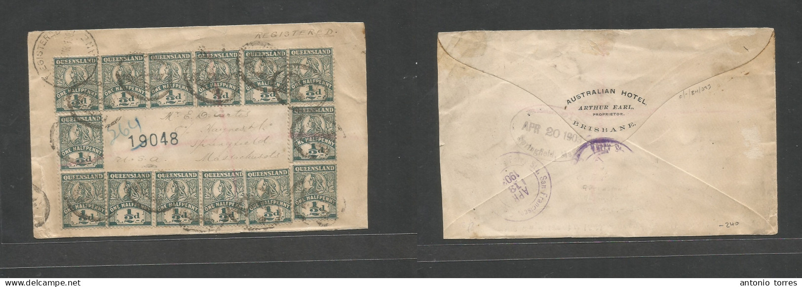 Australia. 1903 (18 March) Qland, Brisbane - USA, Mass. Springfield. Registered QV Multifkd Envelope 1/2d Green (x14) Pl - Otros & Sin Clasificación