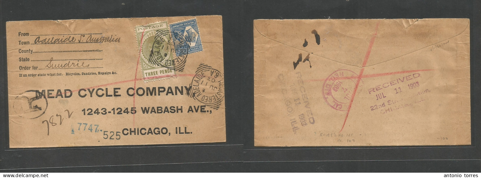 Australia. 1903 (11 June) SA. Adelaide - USA, Chicago, Ill (7 July) Registered Multifkd Env Incl 3d Fiscal Postal At 5a - Otros & Sin Clasificación