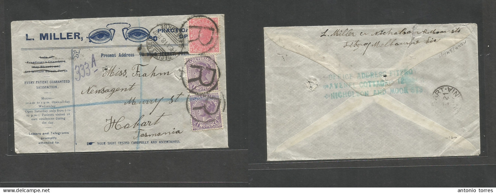 Australia. 1907 (18 Jan) Vic Melbourne - Tasmania (21 Jan) Glass Oftalmology Illustrated Registered Multifkd QV Envelope - Other & Unclassified