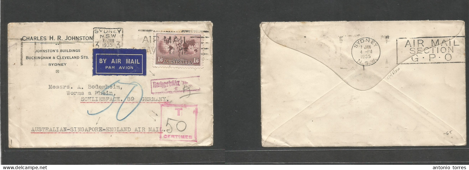 Australia. 1935 (7 Jan) NSW Sydney - Germany, Schliebfach. Via Australia - Singapore - England Air Mail. Fkd 1/6 Sh Come - Andere & Zonder Classificatie