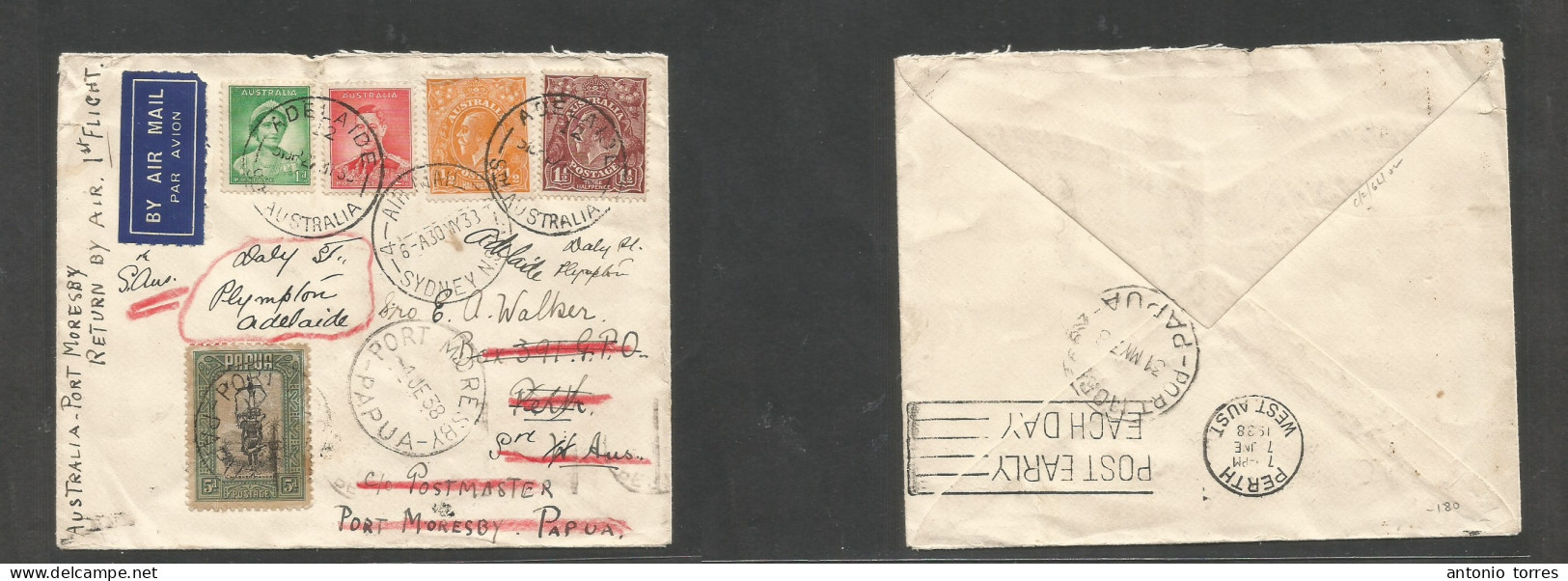 Australia. 1938 (27 Sept) First Flight. Adelaide - Papua Port Moresby (4 June) + Retour (7 June) Multifkd Envelope + New - Autres & Non Classés