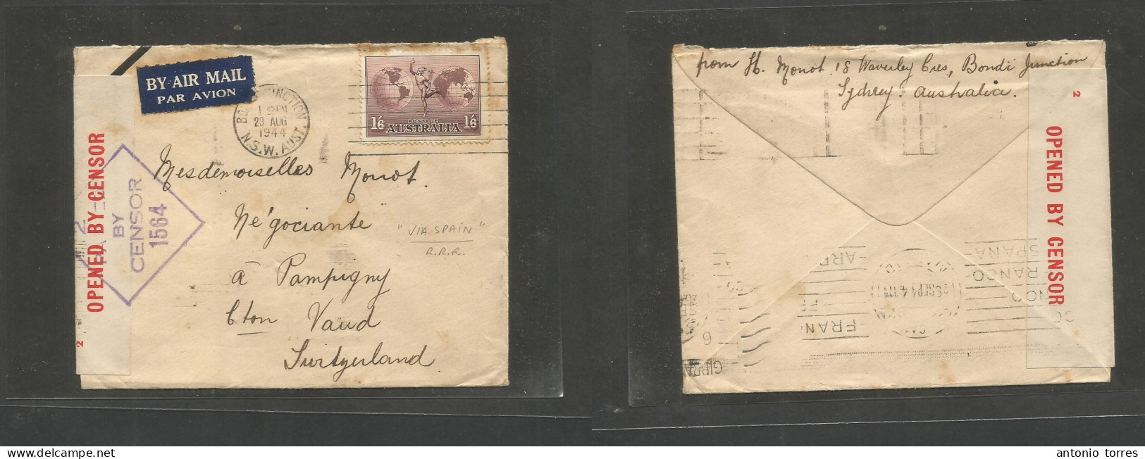 Australia. 1944 (23 Aug) WWII. Bondi Junction - Switzerland, Vaud Via Gibraltar, Spain, Madrid (26 Sept) Reverse Tied Tr - Autres & Non Classés