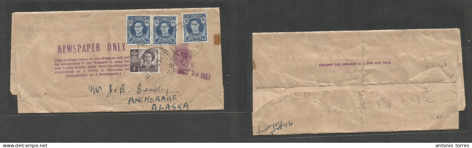 Australia. 1951 (24 Aug) NSW - Alaska, Anchorage (30 Oct) Multifkd Air 1 1/2d Lilac Stat Wrapper Four Adtls, Tied Cds + - Altri & Non Classificati