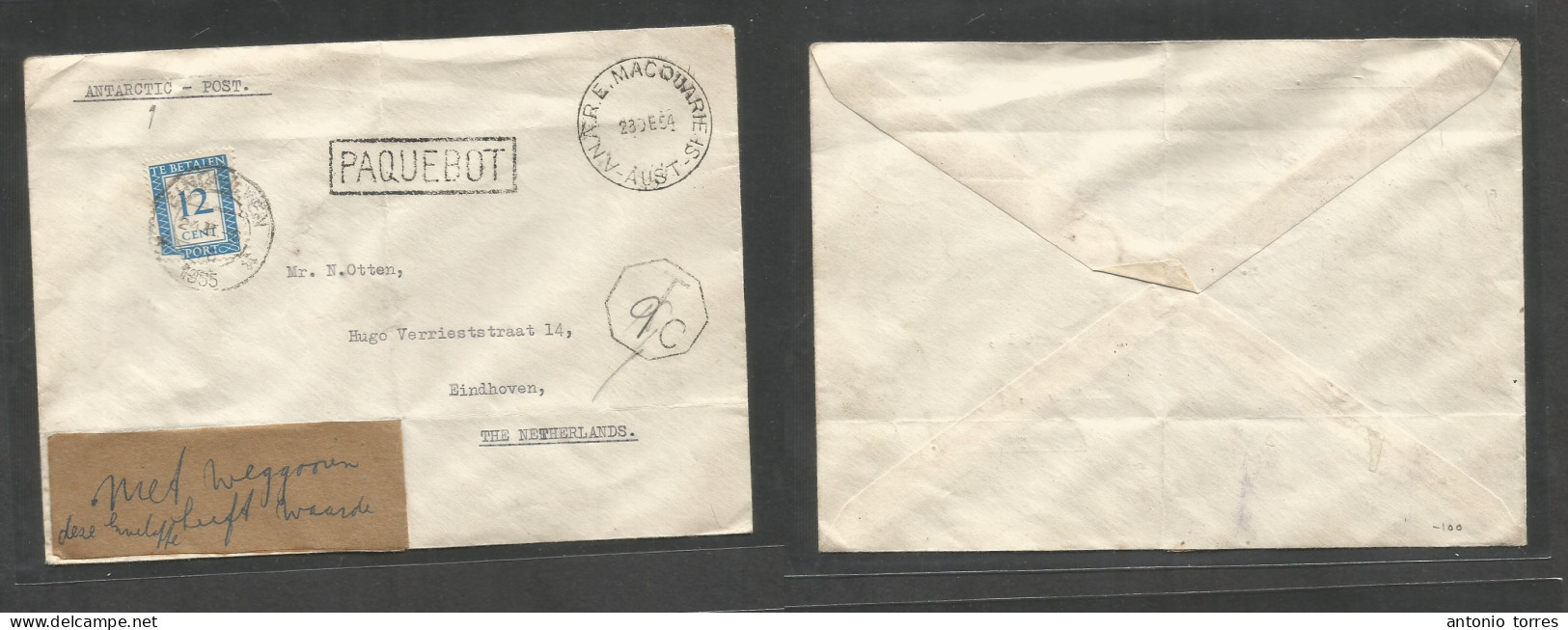 Australia - Antartic. 1954 (23 Dec) ANTARTIC. ANAR.E. Macquaire IS - Netherlands, Einhoven (24 Febr 55) Unfkd Envelope W - Otros & Sin Clasificación