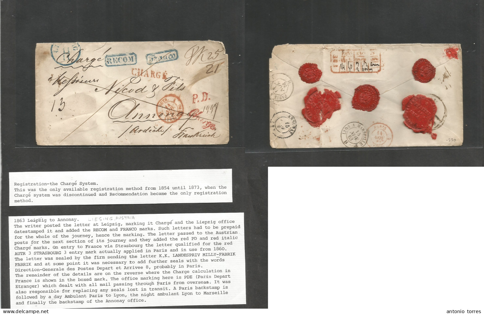 Austria. 1863 (11 Nov) Liesig - France, Annonay (15 Nov) Registered Franco Cash Paid Blue Depart Cds Cachets Three Red " - Sonstige & Ohne Zuordnung