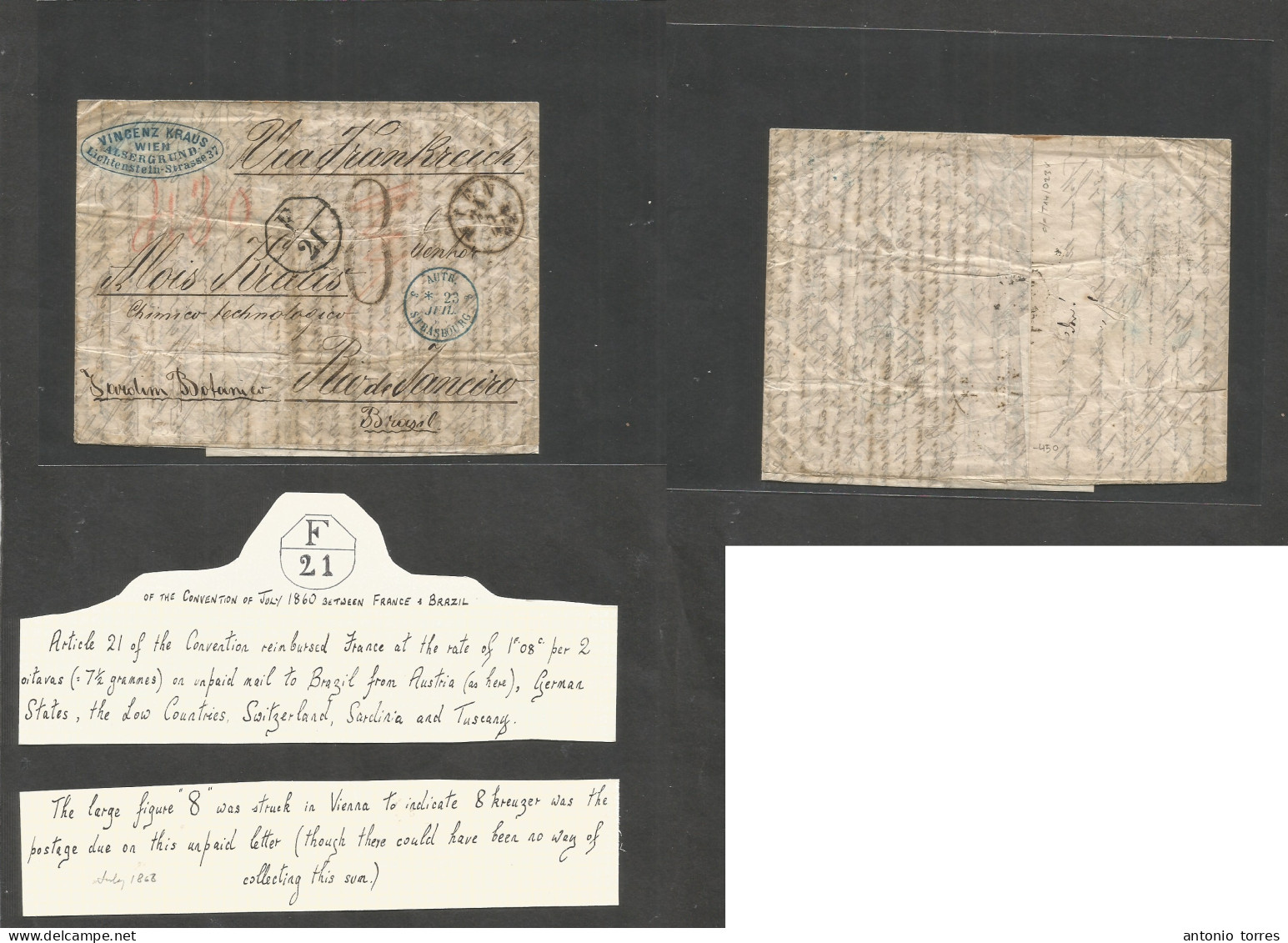 Austria. 1868 (21 July) Alsergrund - BRAZIL, Rio Janeiro. EL With Full Text, Transited Via Wien (21 July) Strassburg, Fr - Sonstige & Ohne Zuordnung