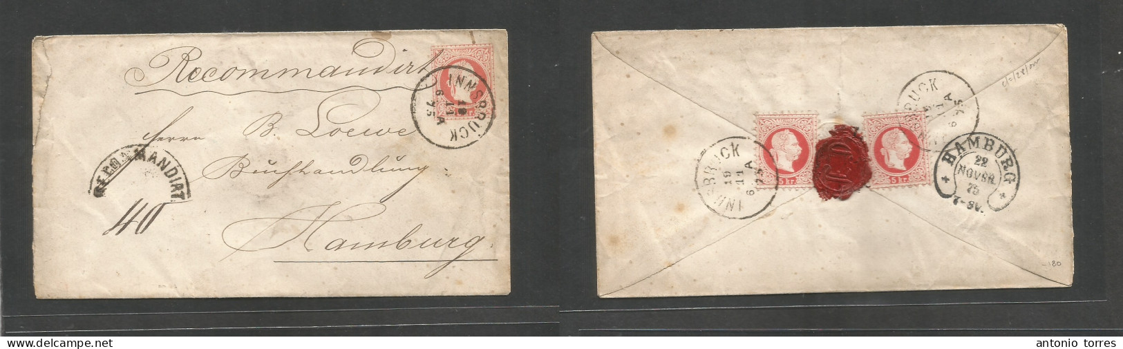 Austria. 1875 (10 Nov) Innsbruck - Germany, Hamburg (22 Nov) Registered Reverse Multifkd 5 Kr Red Stat Env, Cds + Semici - Sonstige & Ohne Zuordnung