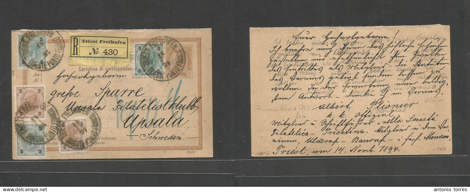 Austria - Stationery. 1894 (14 Nov) Triest Freihafen - Sweden, Upsala. Registered Multifkd 2kr Sepia Stat Card At 15kr R - Autres & Non Classés
