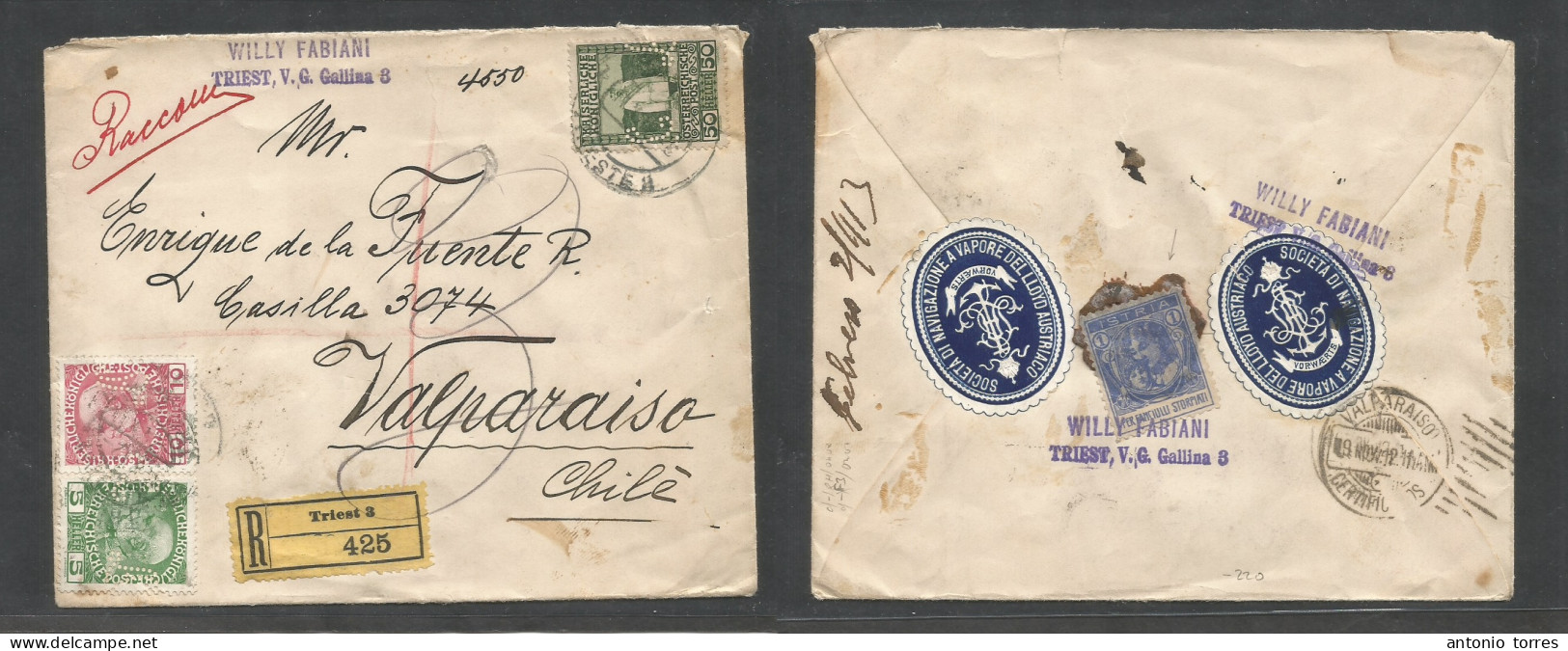 Austria - Xx. 1912. Triest - Chile, Valparaiso (9 Nov) Villa Fabiani. Registered Multifkd Env At 65h Rate, Perfin. CA Re - Andere & Zonder Classificatie