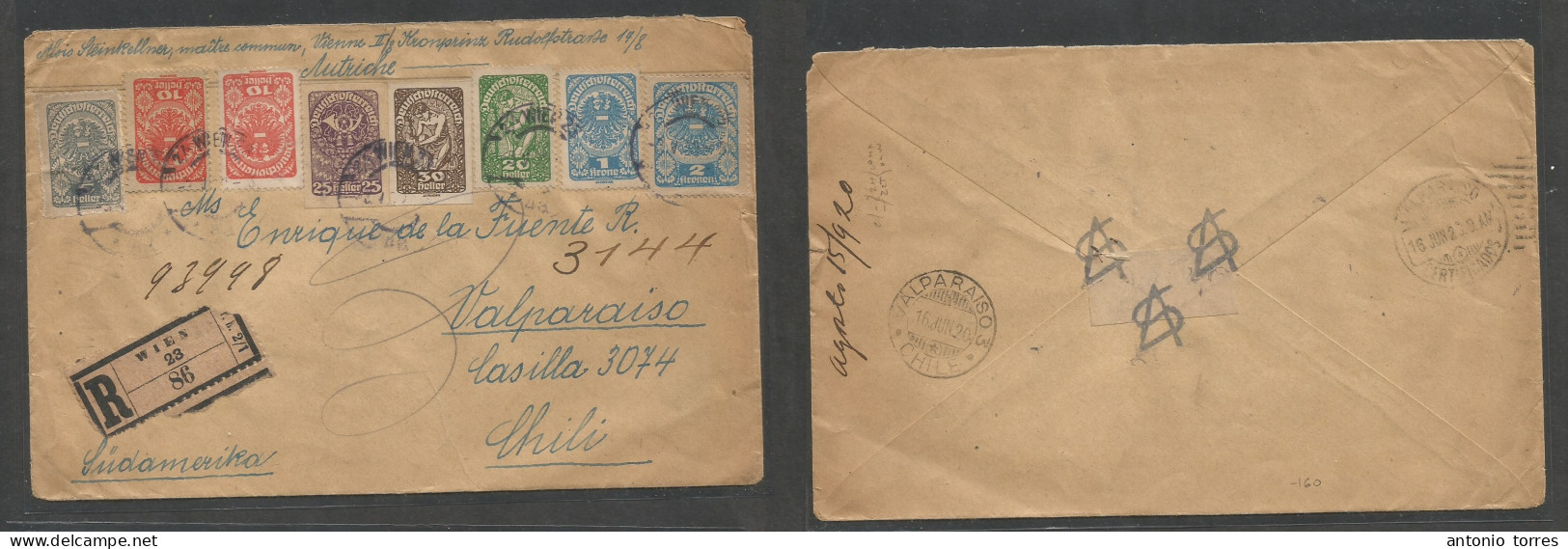 Austria - Xx. 1920 (May) Wien - Chile, Valparaiso (16 June) Registered Multifkd Env At 4 Kr Rate, Tied Cds + R-label. Re - Sonstige & Ohne Zuordnung