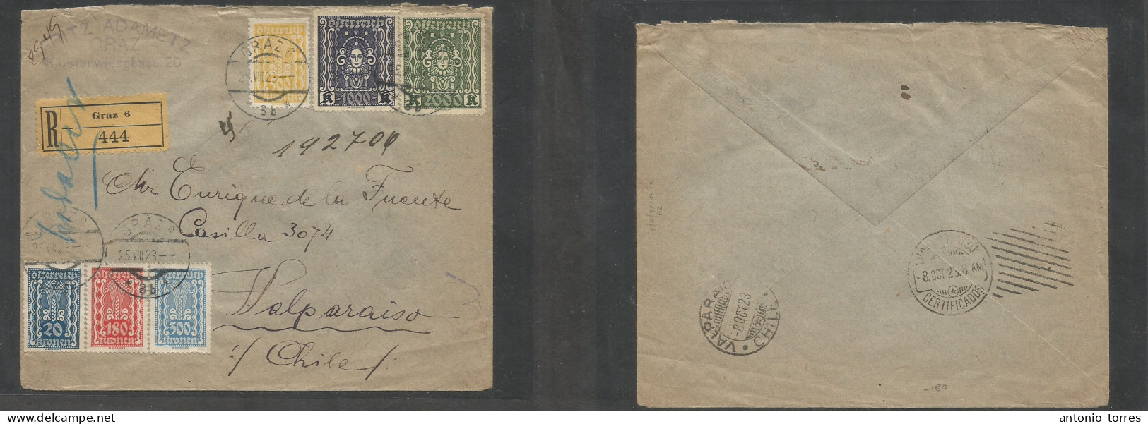 Austria - Xx. 1923 (25 Aug) Graz - Chile, Valparaiso (8 Oct) Registered Multifkd Env, Inflation Period At 4000 Kr Rate, - Autres & Non Classés