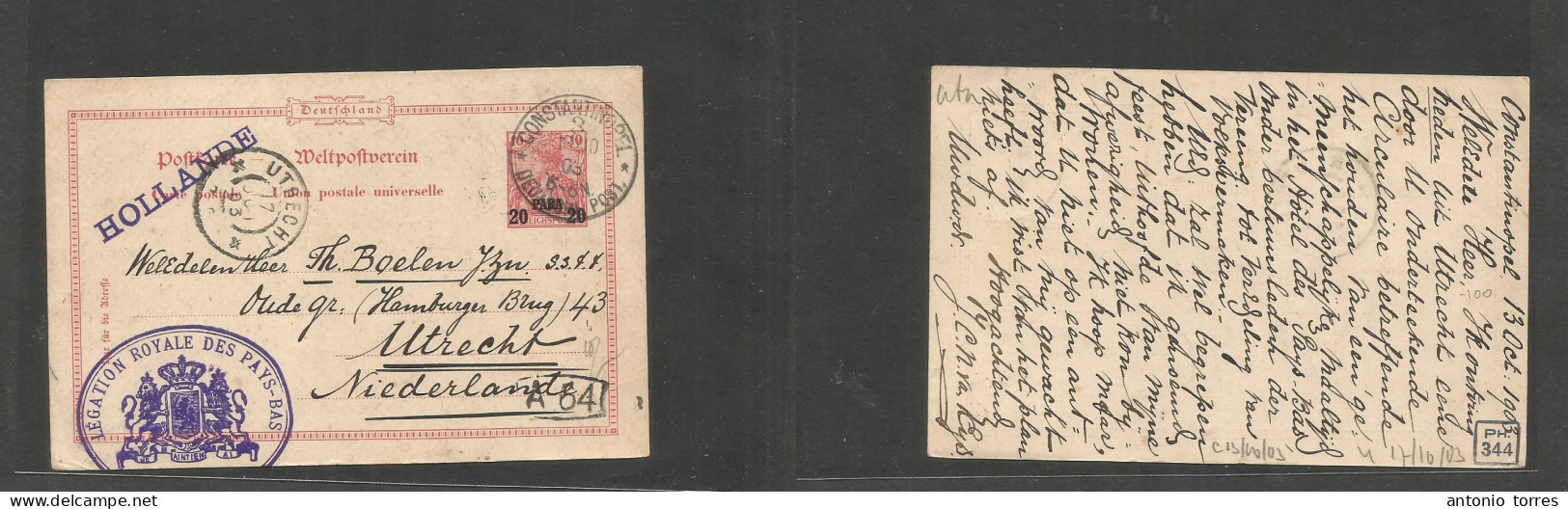 Austrian Levant. 1903 (13 Oct) Dutch Consular Mail Smashing Cachet. Constantinople - Utrecht, Netherlands (17 Oct) 20 Pa - Other & Unclassified