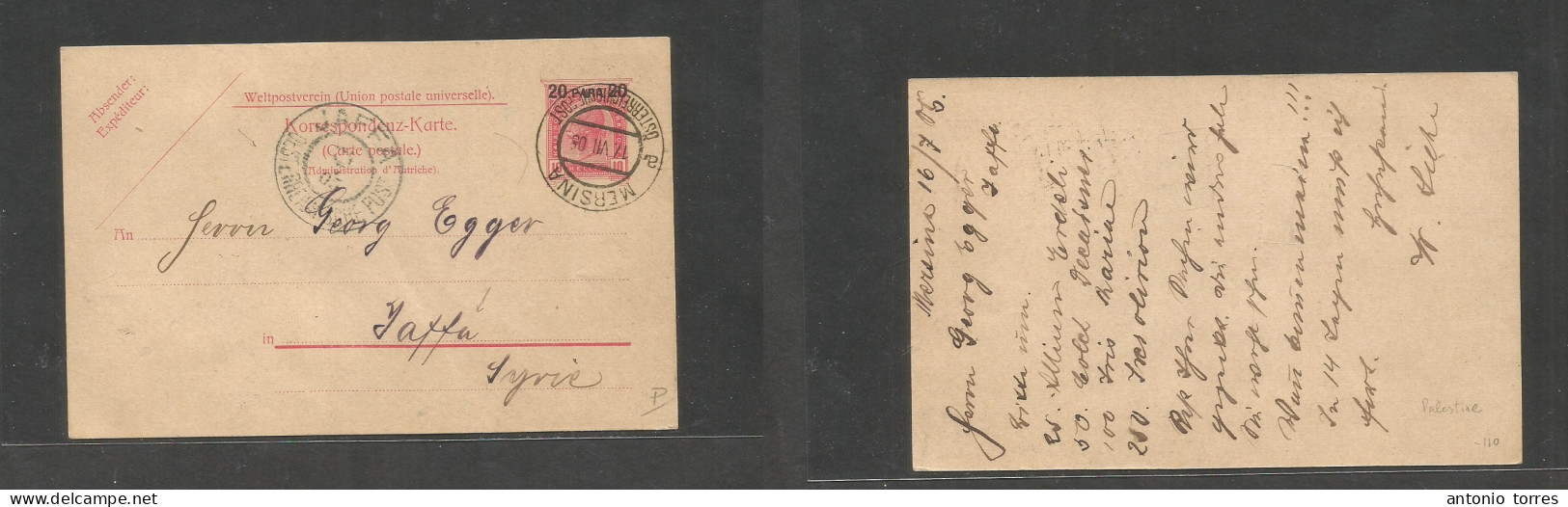 Austrian Levant. 1905 (17 July) Turkey, Mersina - Jaffa, Palestine (25 July) 20 Par Ovptd Pink Stationary Card. Very Sca - Sonstige & Ohne Zuordnung