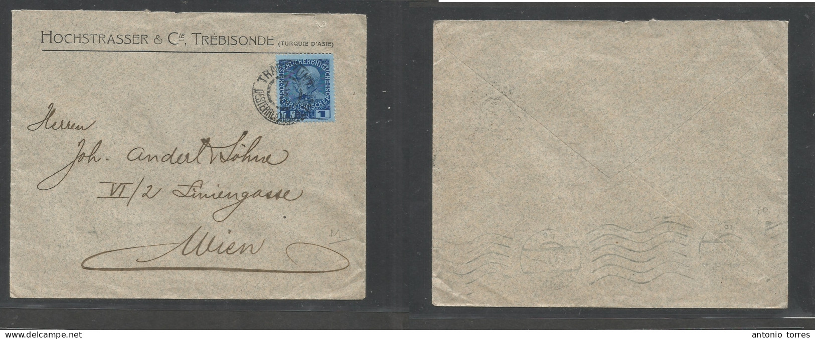 Austrian Levant. 1910 (7 May) Turkey, Trapezunt - Wien, Austria (11 May) Comercial 1 Pi Dated Blue Fkd Envelope, Tied De - Autres & Non Classés