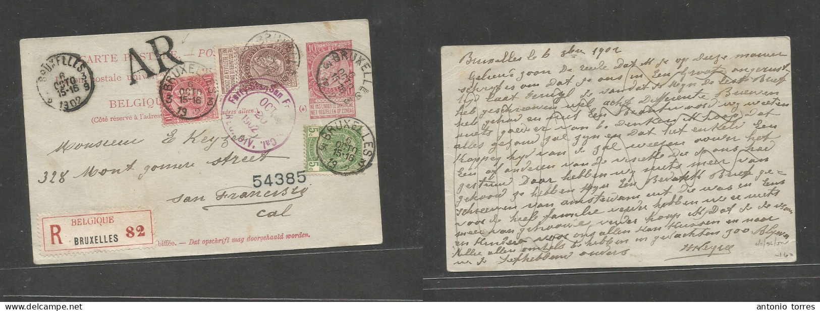 Belgium - Stationery. 1902 (6 Oct) Bruxelles - USA, San Francisco, California (20 Oct) Registered 10c Red Stat Card + 2 - Sonstige & Ohne Zuordnung