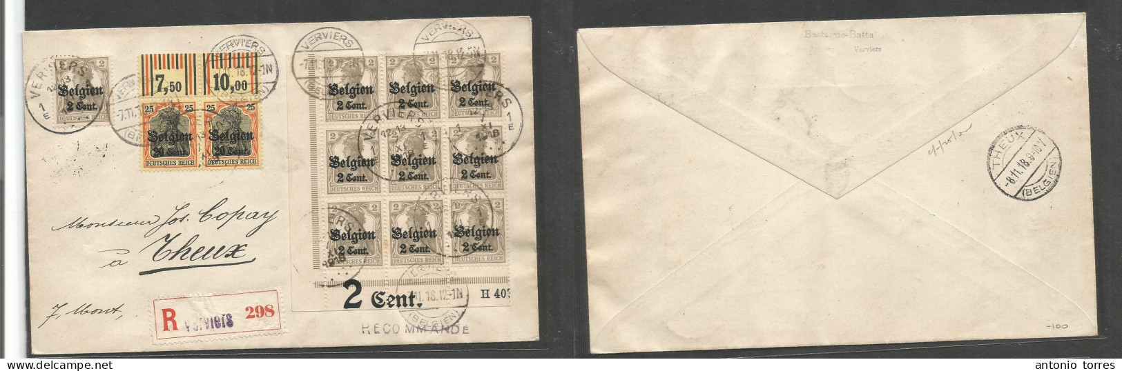 Belgium - Xx. 1918 (7 Nov) WWI. German Occup Ovptd Issue. Verviers - Theux (8 Nov) Registered Multifkd Envelope Incl 2c - Otros & Sin Clasificación