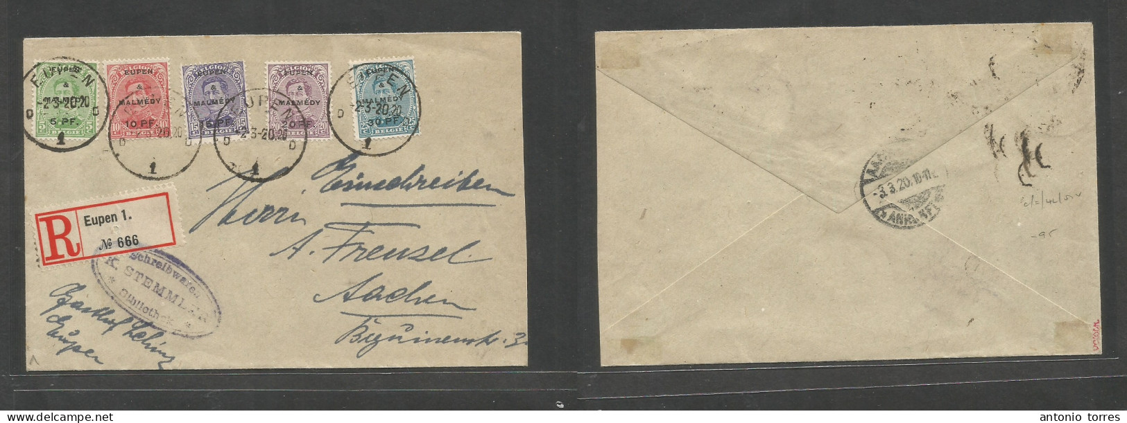 Belgium - Xx. 1920 (2 March) Empire Malmedy Overprint. Empen - Aachen , Germany (3 March) Registered Multifkd Envelope, - Other & Unclassified