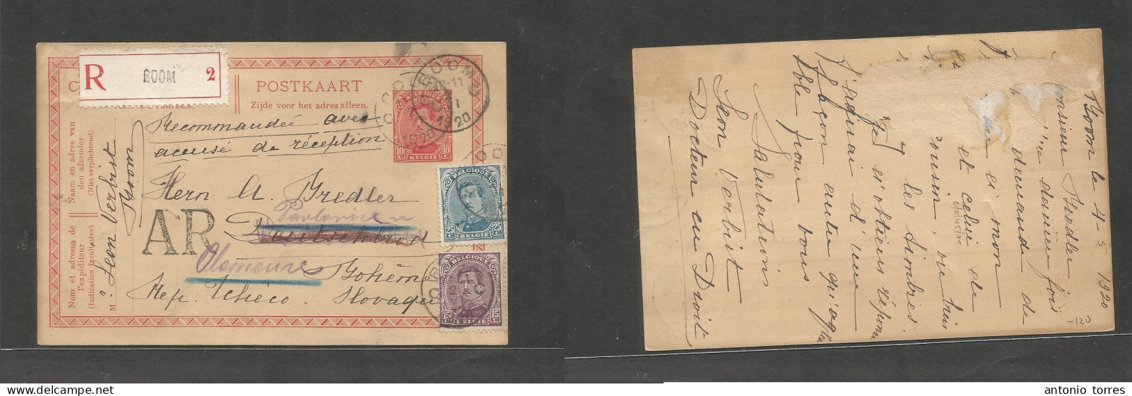 Belgium - Stationery. 1920 (2 June) Boom - Slovakia, Bohemia. Registered AR Multifkd 10c Red Stat Card + 2 Adtl At 50c R - Other & Unclassified