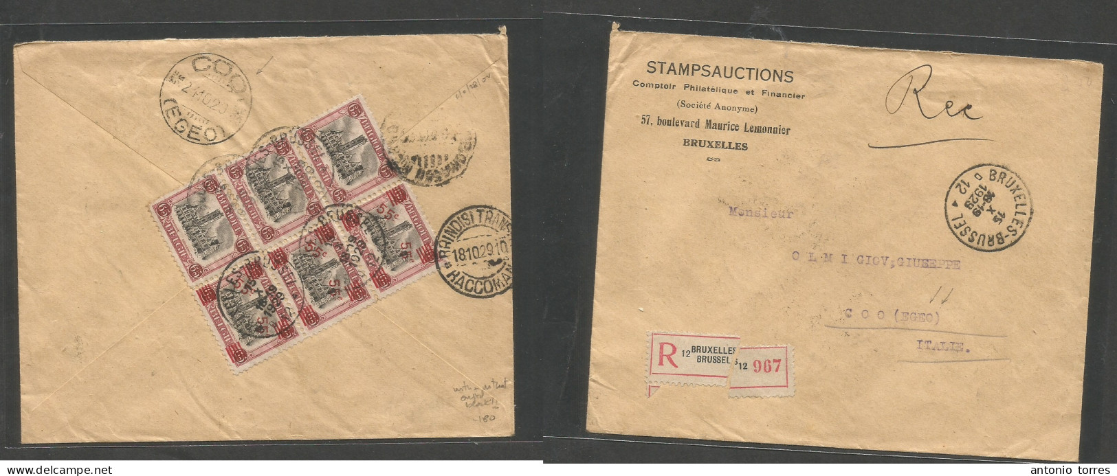 Belgium - Xx. 1929 (15 Oct) Bruxelles - Coo, Egeo, Italian Adriatic (24 Oct) Via Brindisi. Reverse Registered Multifkd E - Other & Unclassified