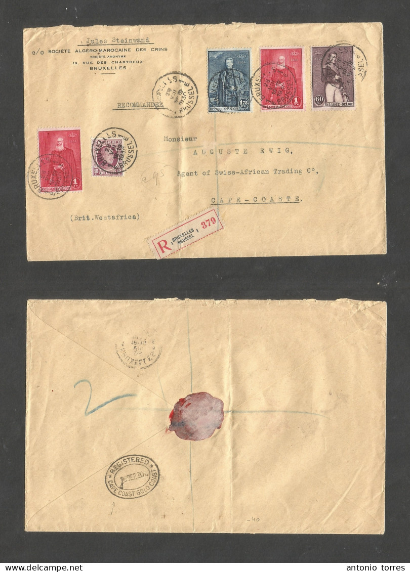 Belgium - Xx. 1930 (28 Aug) Bruxelles - Gold Coast, Accra (16 Sept) Registered Multifkd Comercial Envelope At 4,50 Fr Ra - Other & Unclassified