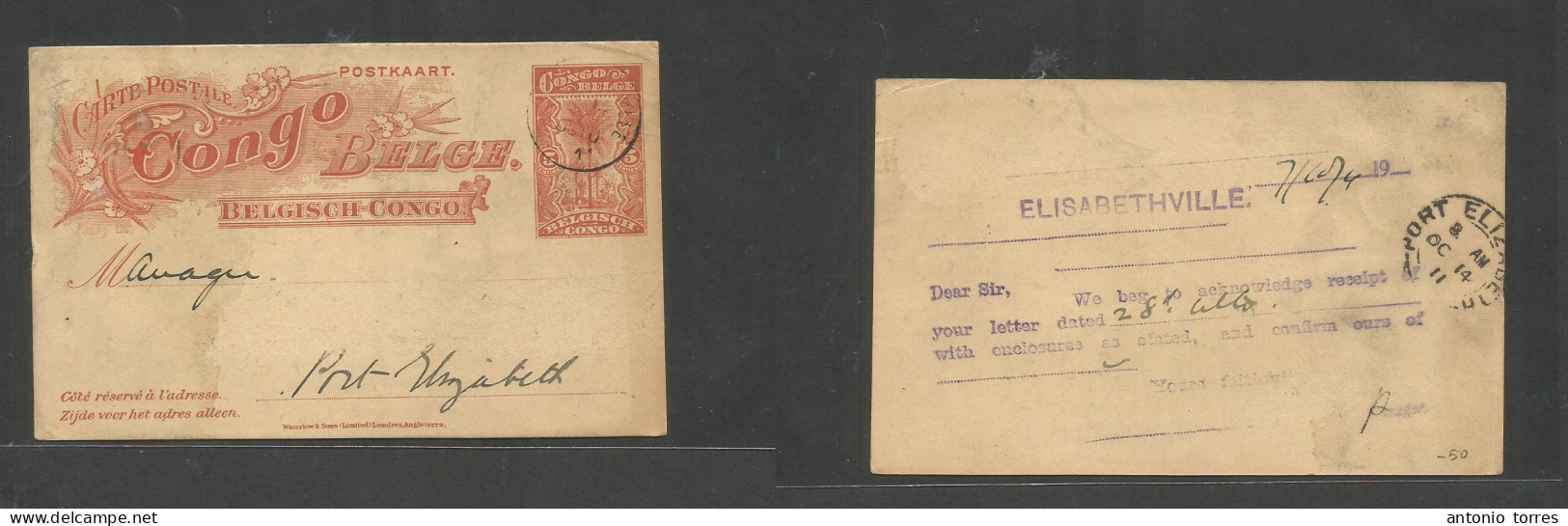 Belgian Congo. 1911 (7 Oct) Elisabethville - S. Africa, Port Elisabeth (14 Oct) 5c Red Stat Card. Scarce Type Fine Comer - Andere & Zonder Classificatie