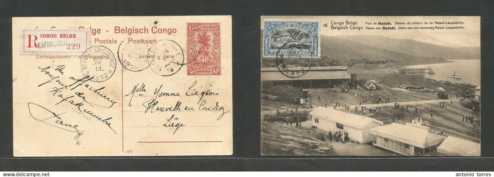 Belgian Congo. 1913 (5 Aug) Kafakumba - Belgium, Liege (15 Sept) Registered Fkd Reverse 10c Red Stationary Photo Postcar - Autres & Non Classés