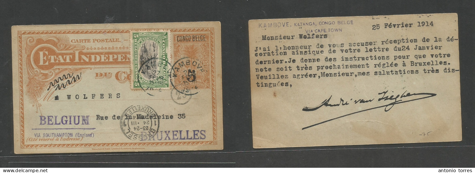 Belgian Congo. 1914 (25 Febr) Kambove - Belgium, Bruxelles (24 March) Ovptd 5c Stat Card + Adtl, Tied Cds, Arrival Along - Altri & Non Classificati