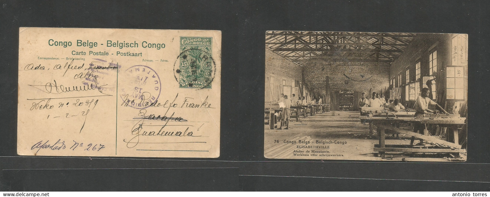 Belgian Congo. 1925 (25 Febr) Irumu - Guatemala (13 May) Central America 15c Green Stat Ppc, Cds + Arrival On Front. Rar - Otros & Sin Clasificación