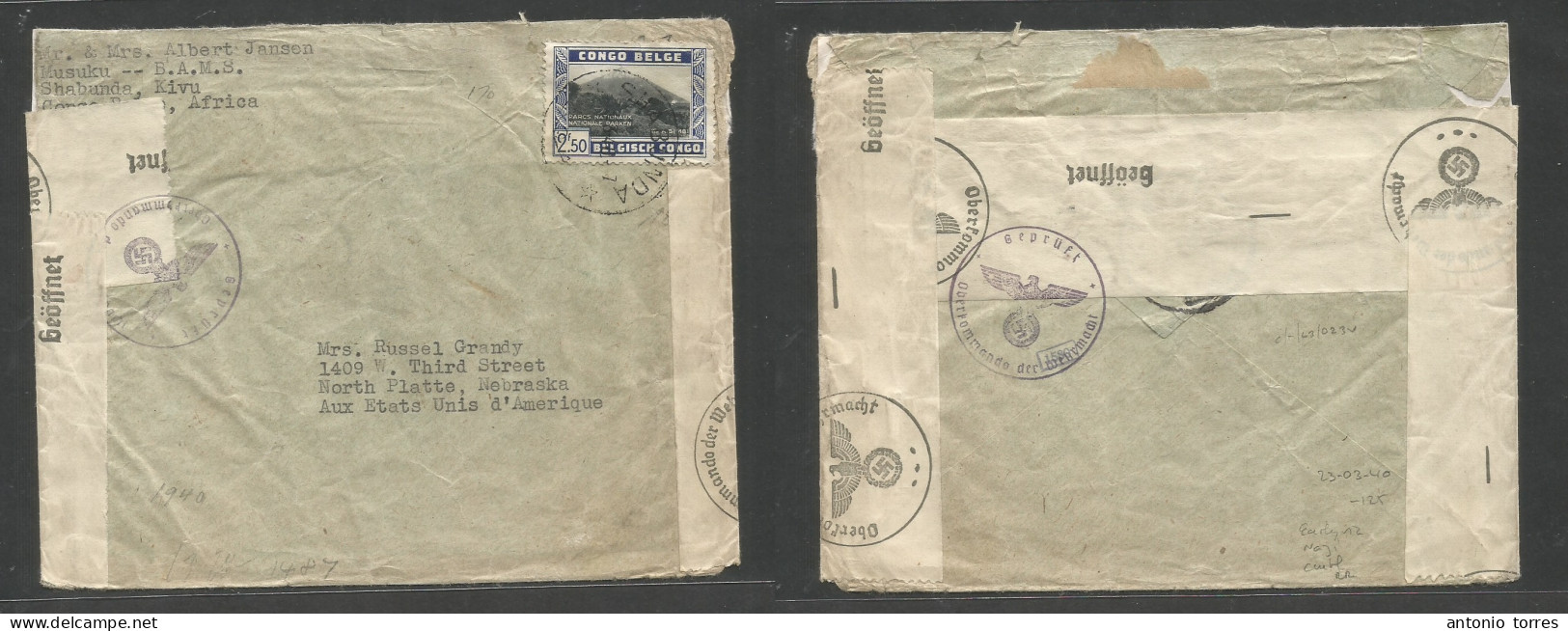 Belgian Congo. 1940 (23 March) Shabunda, Kivu - USA, Nebraska, North Platte. Single 2,50fr Fkd Env With Triple Nazi Cens - Altri & Non Classificati