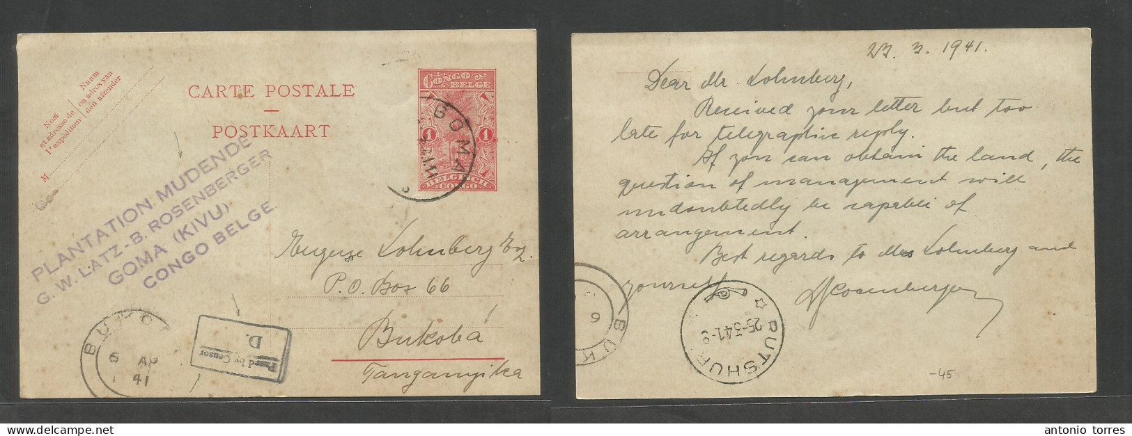 Belgian Congo. 1941 (23 March) Goma, Kivu - Bukoba, Tanganika (5 Apr) Via Rutshif (25 March) 1fr Red Stat Card With Scar - Otros & Sin Clasificación