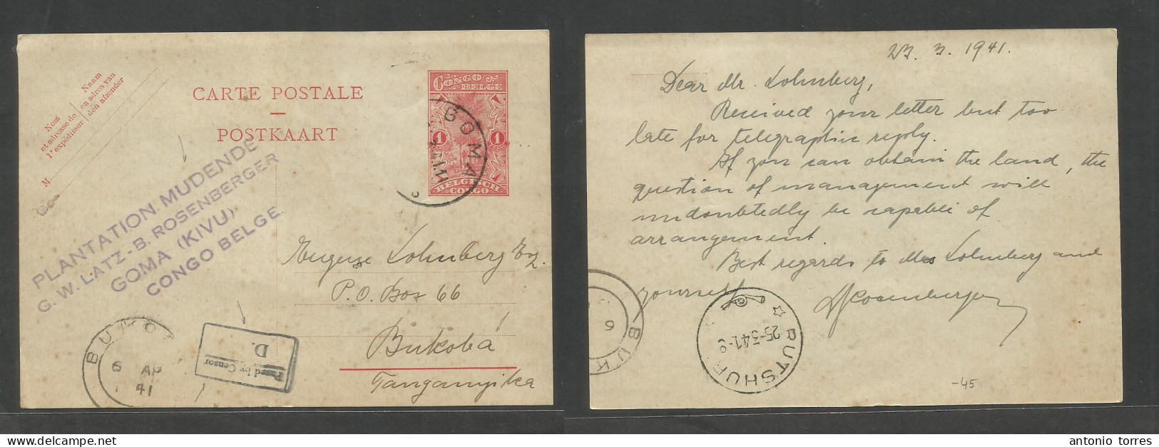 Belgian Congo. 1941 (23 March) Goma, Kivu - Bukoba, Tanganika (5 Apr) Via Rutshif (25 March) 1fr Red Stat Card With Scar - Andere & Zonder Classificatie