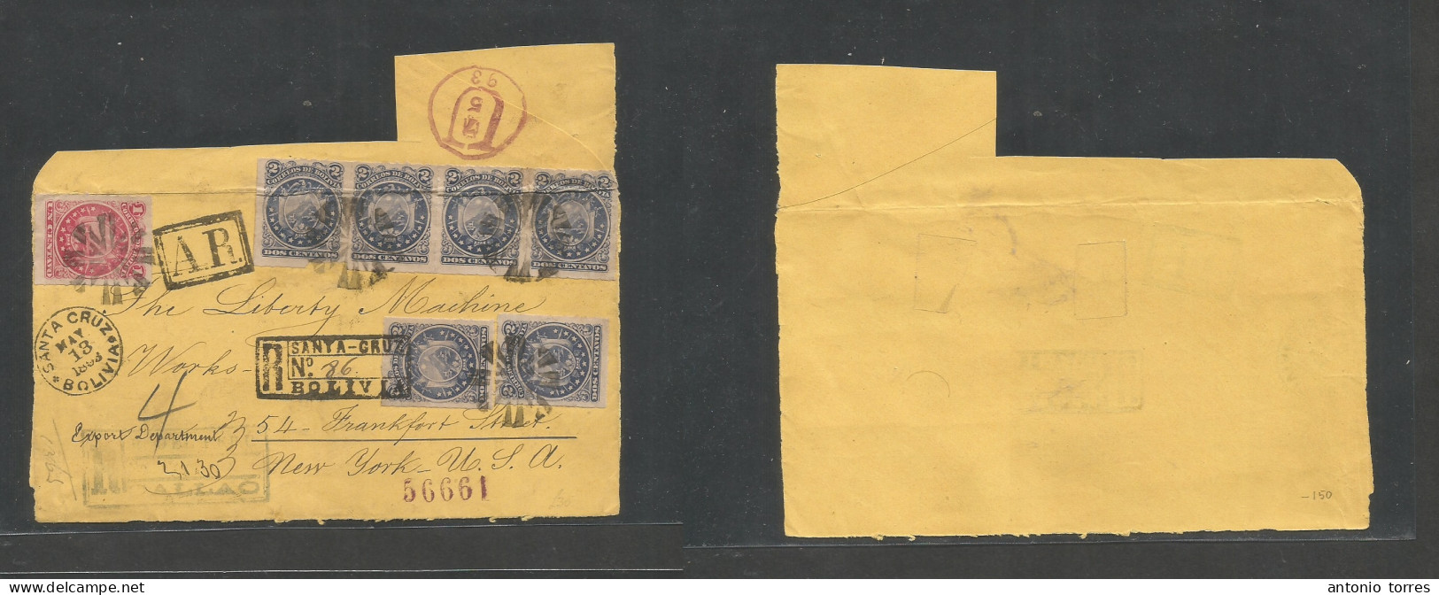 Bolivia. 1893 (13 May) Santa Cruz - USA, NYC (5 July) Registered AR Multifkd Envelope Front + Part Reverse With Diff Cac - Bolivien