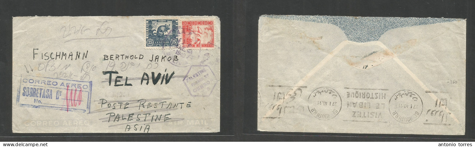 Bolivia. 1940 (12 Jan) La Paz - Palestine, Tel Aviv. Air Multifkd Envelope, Tied Cd + Taxed For Airmail Usage, Special V - Bolivie