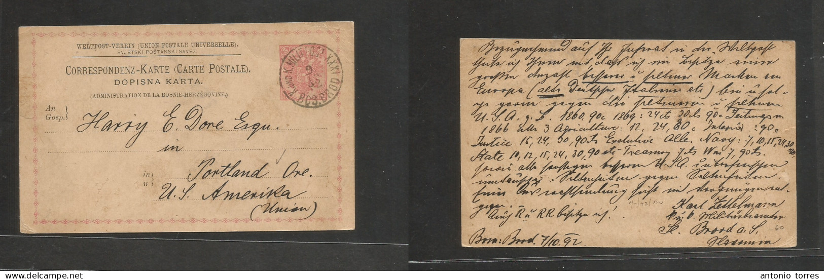 Bosnia. 1892 (9 Oct) Brod - USA, Portland, Oregon. 5p Rose Stationary Card, Cds. Fine Transatlantic Usage + US West Coas - Bosnien-Herzegowina