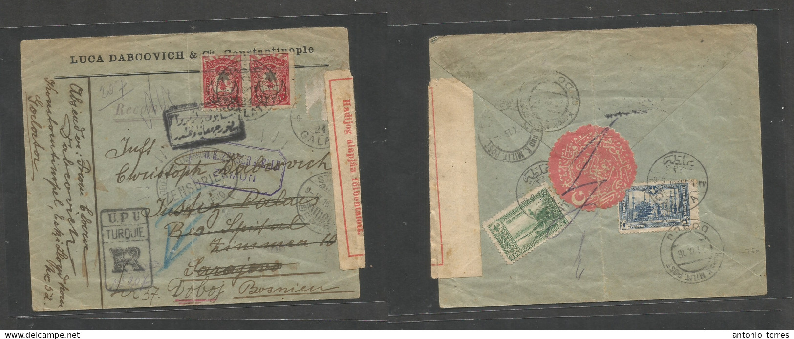 Bosnia. 1916 (9 Sept) Turkey, Galata - Sarajevo, Fwd Doboj (21 Sept) Registered Multiple Front And Reverse Envelope With - Bosnie-Herzegovine