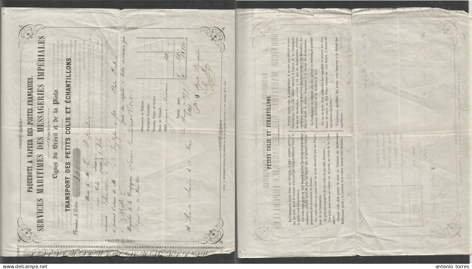 Brazil. 1861 (22 March) RJ - MALTA. French Messengers. Postal Package Transport Receipt, 3 Kgs, Steamer "Navarre" Comand - Other & Unclassified