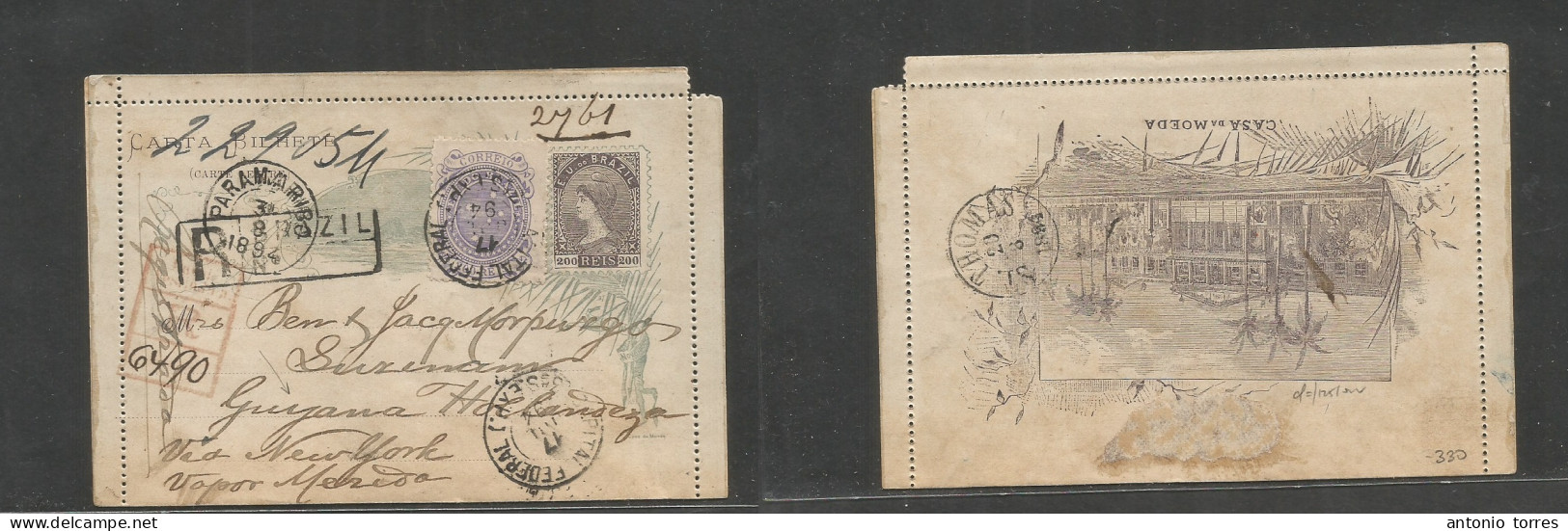 Brazil -Stationary. 1894 (17 July) RJ - SURINAME, Dutch Guyana Via NY Vapor Merida - DWI St. Thumps (26 Aug) Registered - Autres & Non Classés