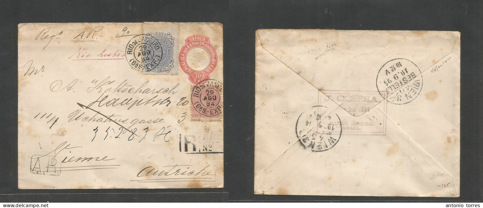 Brazil -Stationary. 1894 (29 Aug) RJ - Austria, Wien (19 Sept) Registered AR. Multifkd 10rs Red Stat Env + 2 Adtls Tied - Autres & Non Classés