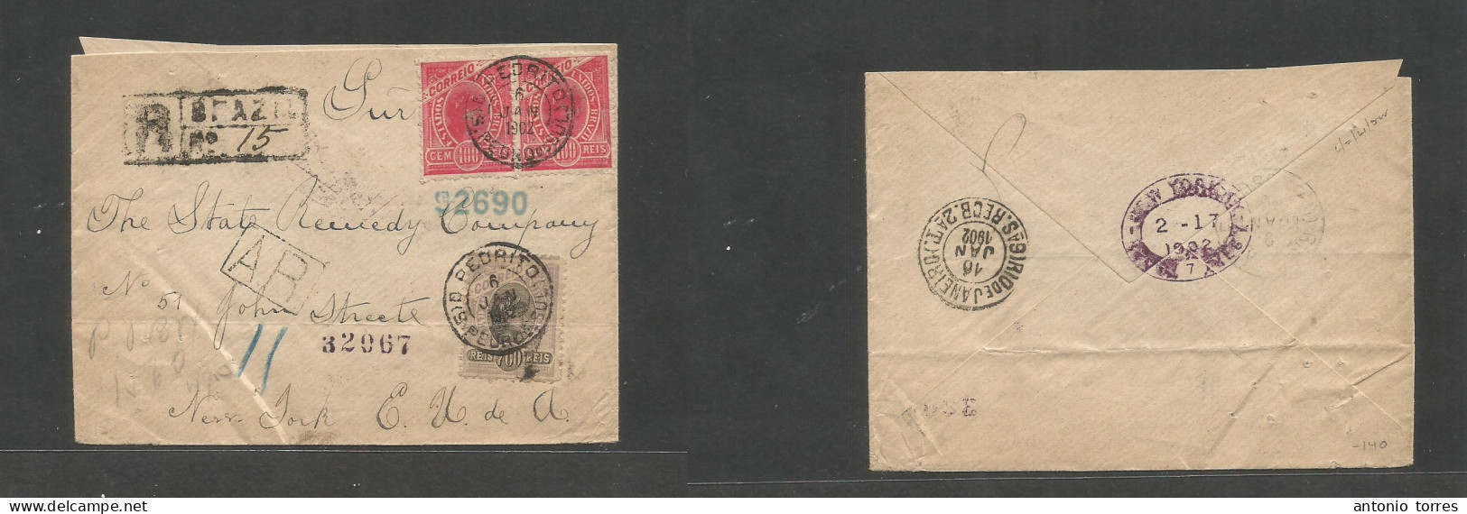 Brazil. 1902 (6 Jan) D. Pedrito, S. Pedro De Sul - USA, NYC. Registered AR. Multifkd Env At 900rs Rate, Tied. VF Origin - Other & Unclassified