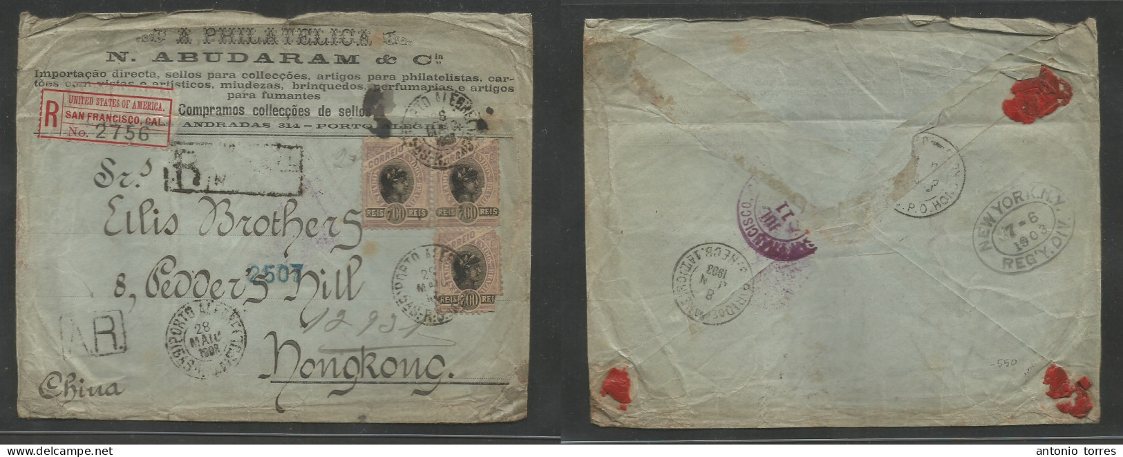 Brazil - Xx. 1908 (28 May) Porto Alegre - Hong Kong, China, Asia. Registered AR Multifkd Envelope At 2100 Reis Rate Via - Other & Unclassified