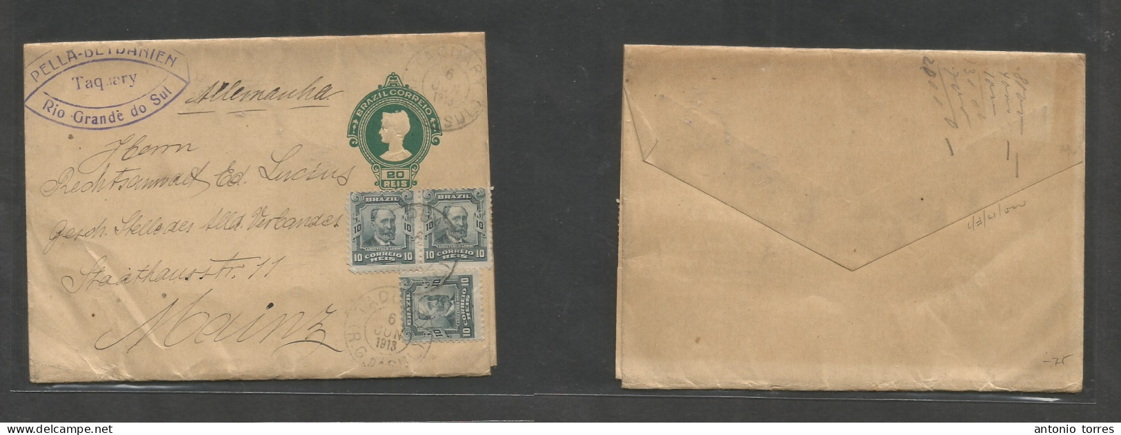 Brazil -Stationary. 1913 (6 June) Taquary, RGS - Germany, Mainz. 20rs Green Complete Stat Wrapper + 3 Adtls, Tied Cds. F - Other & Unclassified