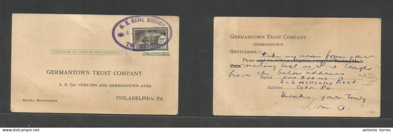 Brazil. 1926 (4 Aug) US Naval Mission To Brazil. Reply US Stationary 1c Green Jefferson + Adtl 300 Rs, Oval Lilac Ds Cac - Sonstige & Ohne Zuordnung
