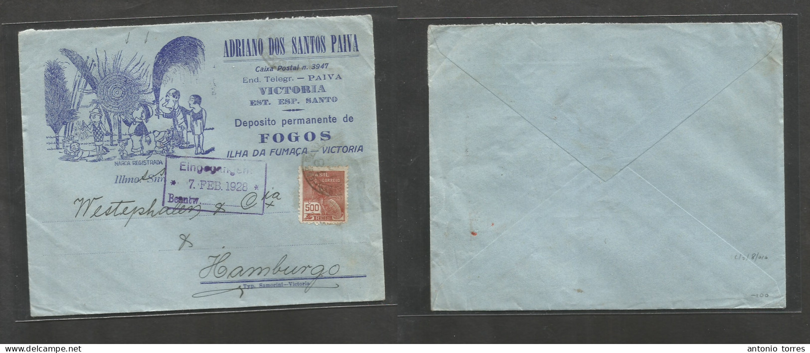 Brazil - Xx. 1928 (Jan) Victoria - Germany, Hamburg (7 Feb) Fireworks Illustrated 500rs Fkd Envelope, Tied Cds + Arrival - Sonstige & Ohne Zuordnung
