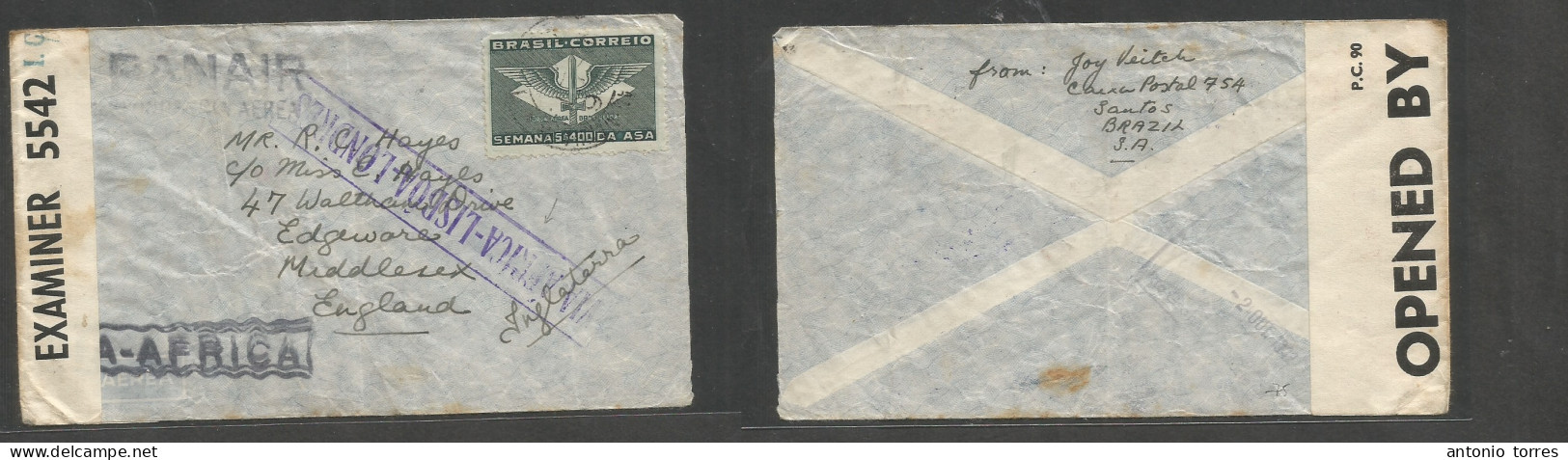 Brazil - Xx. 1942 (6 Oct) RJ - England - Edgware, Mdx. Single 400rs Air Fkd Env, British Caribbe Trinidad Censorship + A - Autres & Non Classés